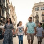 Familia latina caminando por una calle moderna en España
