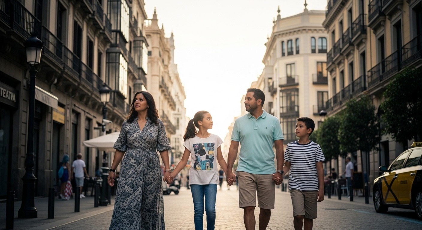 Familia latina caminando por una calle moderna en España
