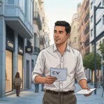 Consejos para conseguir tu primer trabajo en España sin experiencia - Ilustración realista de inmigrante latino buscando trabajo en España con un CV.