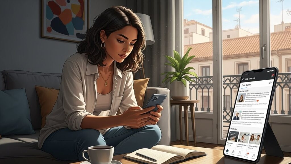 Consejos para conseguir tu primer trabajo en España sin experiencia - Latina buscando trabajo en España usando aplicaciones de empleo.