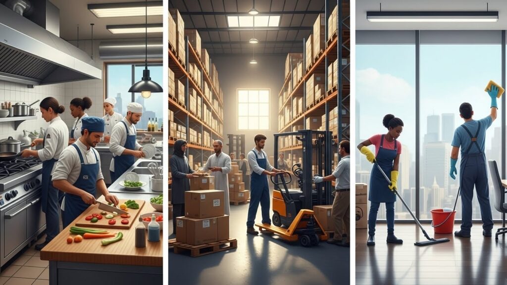 
Consejos para conseguir tu primer trabajo en España sin experiencia - Ilustración de sectores laborales disponibles para inmigrantes en España.