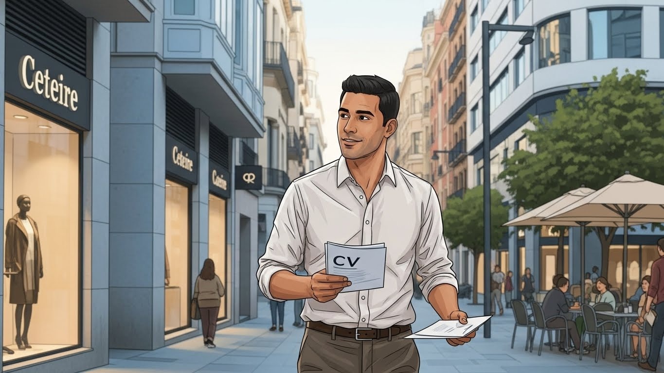 Consejos para conseguir tu primer trabajo en España sin experiencia - Ilustración realista de inmigrante latino buscando trabajo en España con un CV.