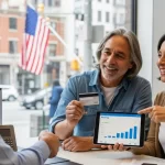 Pareja latina de mediana edad, amable agente bancaria.