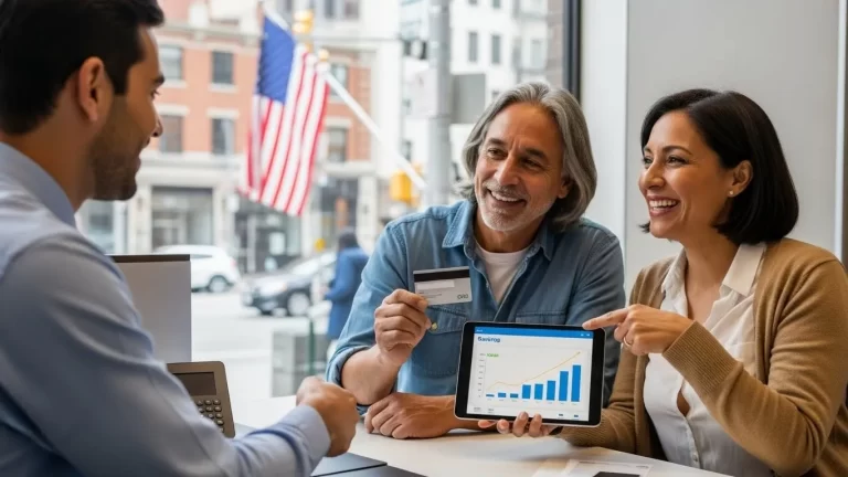 Pareja latina de mediana edad, amable agente bancaria.