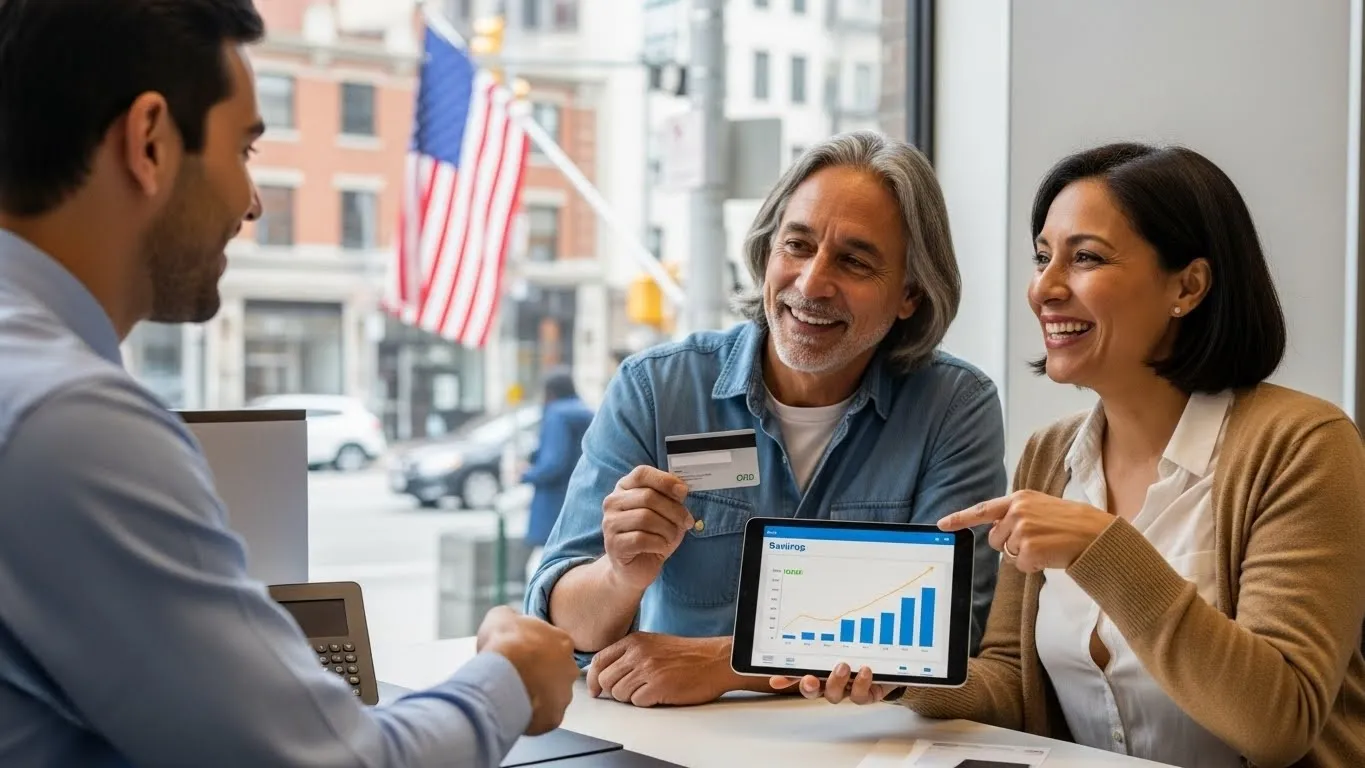 Pareja latina de mediana edad, amable agente bancaria.