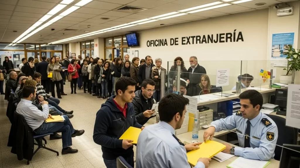 Trámite presencial en una oficina de extranjería en España para el arraigo.