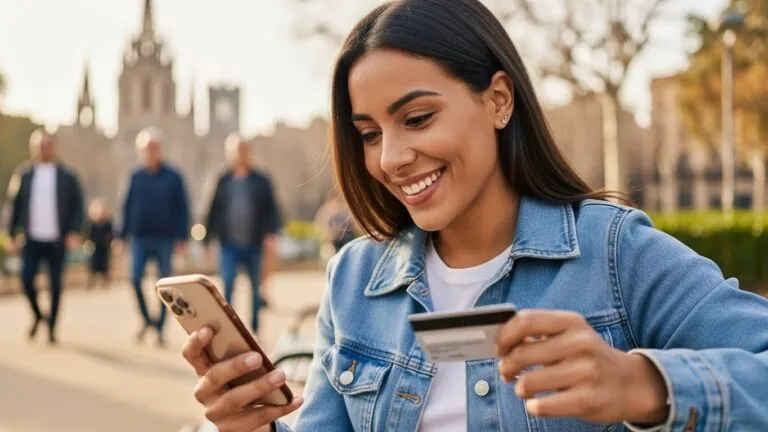 Mujer extranjera en España recibiendo una notificación de ayuda social aprobada.
