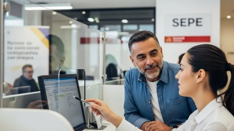 Inmigrante recibiendo asesoría en una oficina del SEPE en España.