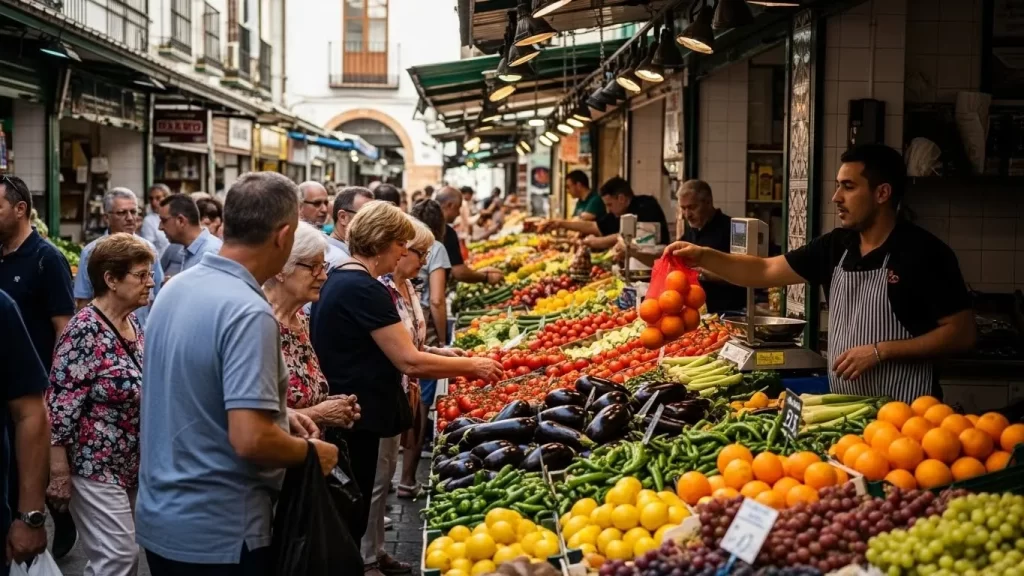 Mercado local en Almería, España, mostrando el bajo coste de los alimentos frescos