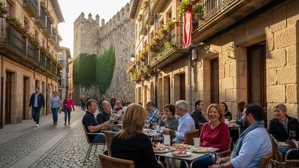 Estilo de vida tranquilo y económico en una plaza de una provincia española.