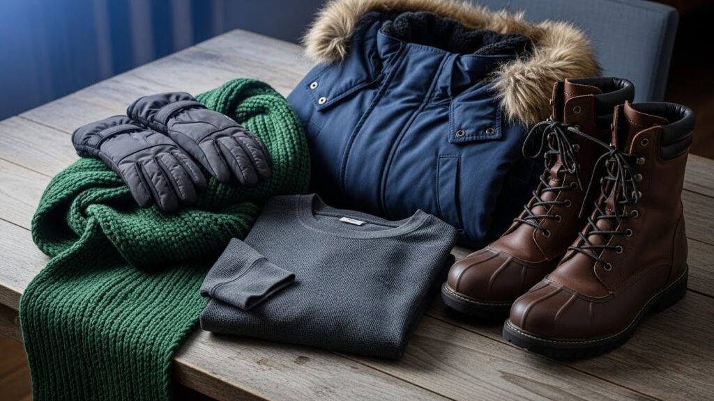 Cómo adaptarte al clima de Estados Unidos si vienes de un país tropical - "Ilustración de ropa térmica y accesorios para invierno en Estados Unidos."
