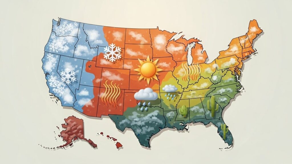 Cómo adaptarte al clima de Estados Unidos si vienes de un país tropical - "Ilustración realista del mapa de Estados Unidos con sus diferentes climas."