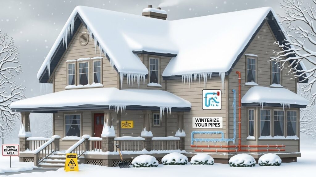 Cómo adaptarte al clima de Estados Unidos si vienes de un país tropical - "Ilustración de una vivienda enfrentando condiciones de nieve en Estados Unidos."