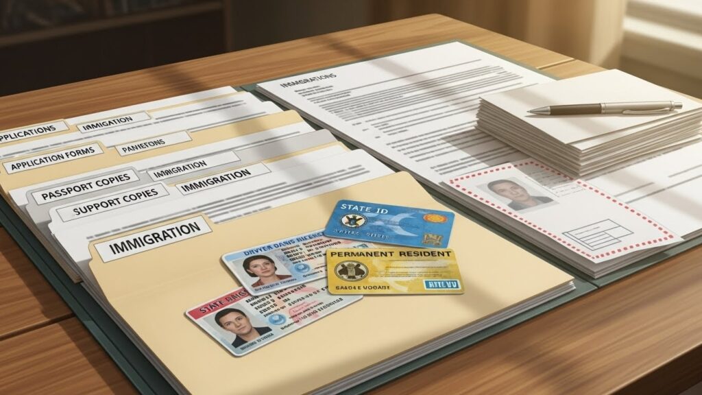 Cómo afrontar los cambios en leyes migratorias y deportaciones en Estados Unidos en 2026 - “Ilustración realista de documentos y carpetas organizadas para procesos migratorios en una mesa.”