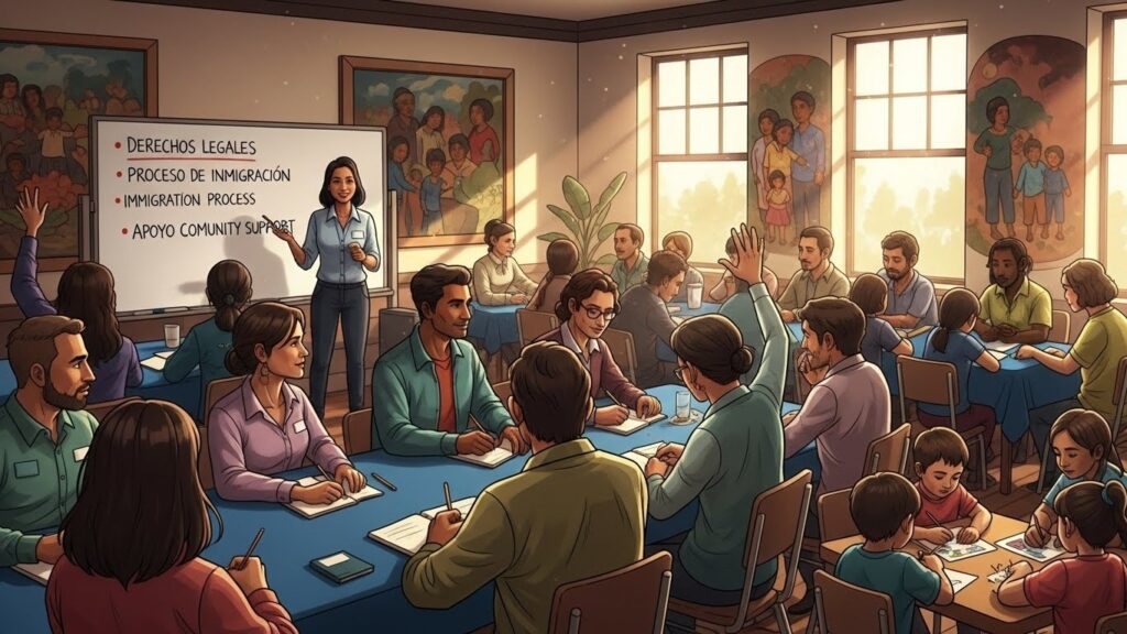 Cómo afrontar los cambios en leyes migratorias y deportaciones en Estados Unidos en 2026 - “Ilustración semi-realista de una reunión comunitaria donde inmigrantes latinos reciben asesoría legal.”