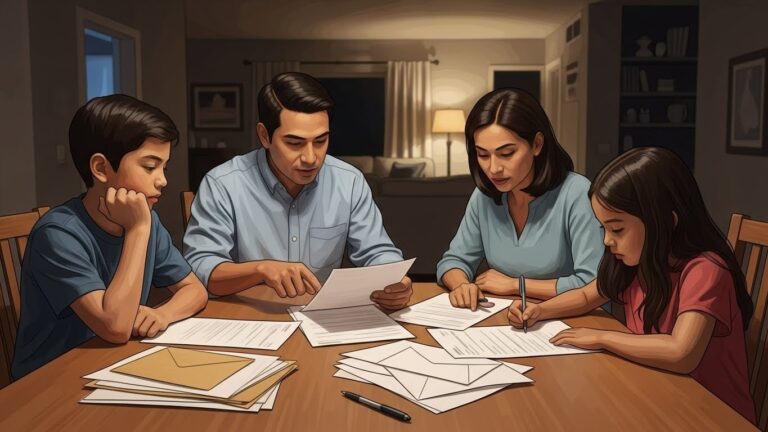 Cómo afrontar los cambios en leyes migratorias y deportaciones en Estados Unidos en 2026 - “Ilustración realista de una familia latina revisando documentos migratorios en casa, sin rostros definidos.”