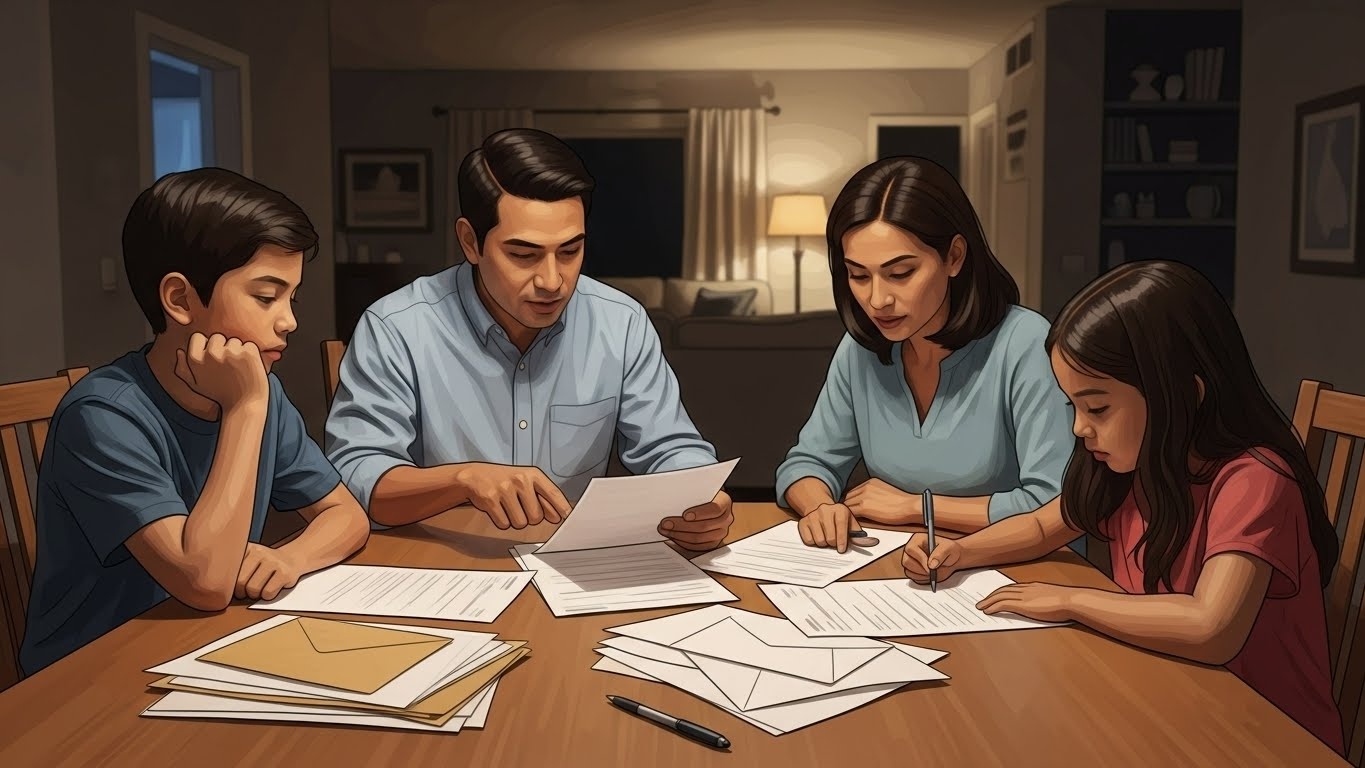 Cómo afrontar los cambios en leyes migratorias y deportaciones en Estados Unidos en 2026 - “Ilustración realista de una familia latina revisando documentos migratorios en casa, sin rostros definidos.”