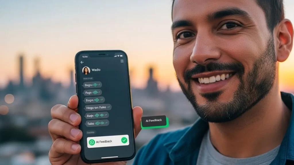 Hombre recibiendo correcciones gramaticales instantáneas de una inteligencia artificial a través de notas de voz en WhatsApp.