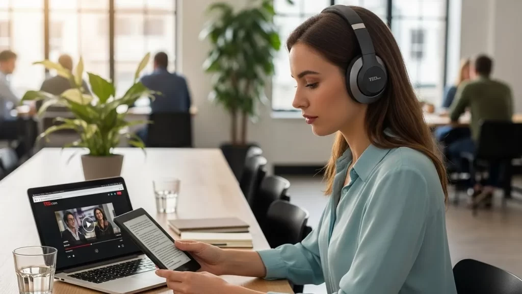 Estudiante utilizando la técnica combinada de lectura en Kindle y audiolibros para mejorar su inglés.