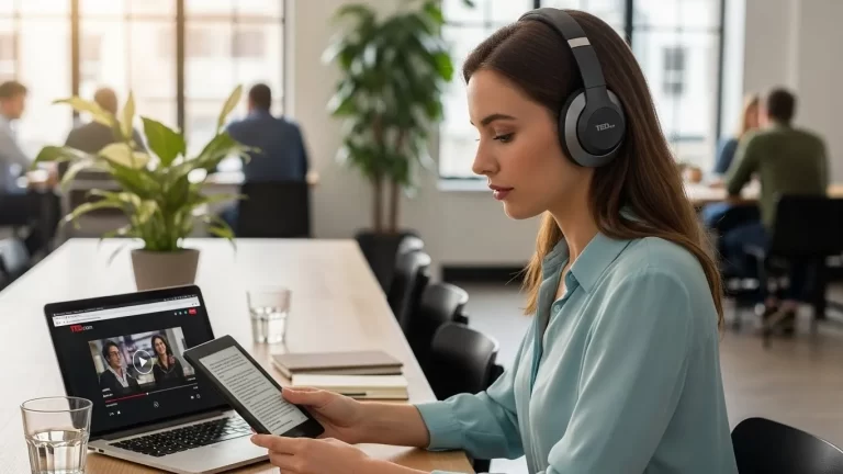 Estudiante utilizando la técnica combinada de lectura en Kindle y audiolibros para mejorar su inglés.