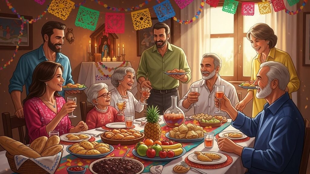 Cómo criar hijos latinos en España sin perder tu identidad cultural - Ilustración realista de una familia celebrando tradiciones latinas en un hogar español.