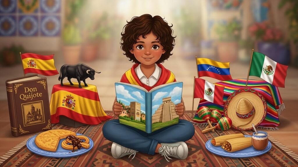 Cómo criar hijos latinos en España sin perder tu identidad cultural - Ilustración realista que representa a un niño con identidad bicultural.