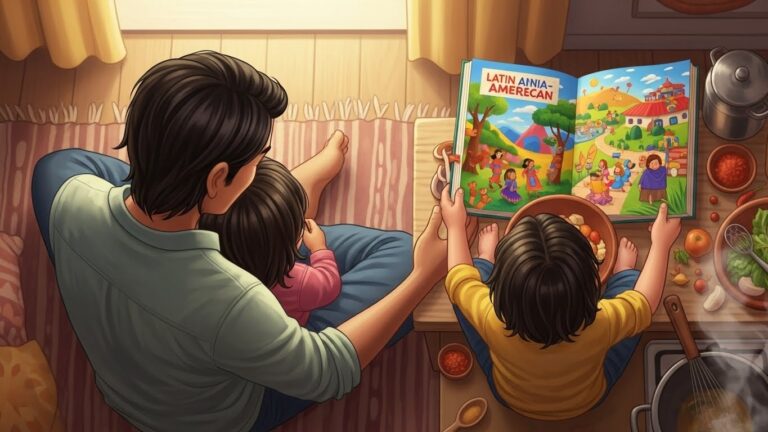 Cómo criar hijos latinos en España sin perder tu identidad cultural - Ilustración realista de un padre latino compartiendo tradiciones culturales con su hijo en España.