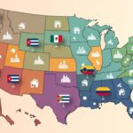Cómo elegir la mejor ciudad de Estados Unidos según tu nacionalidad latina - "Ilustración del mapa de Estados Unidos con zonas recomendadas para latinos según su nacionalidad."