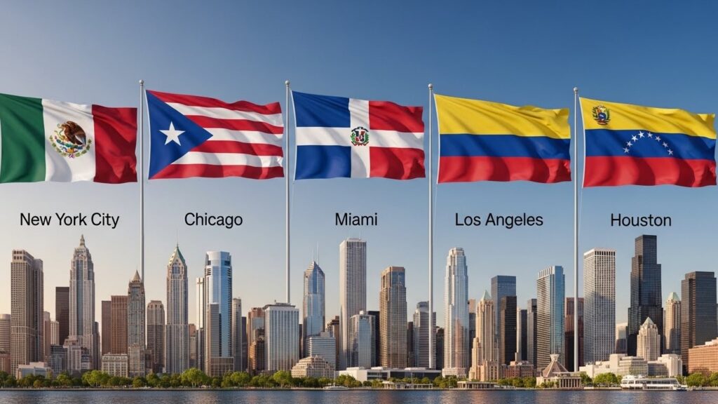 Cómo elegir la mejor ciudad de Estados Unidos según tu nacionalidad latina - "Ilustración de ciudades de Estados Unidos recomendadas para distintas nacionalidades latinas."