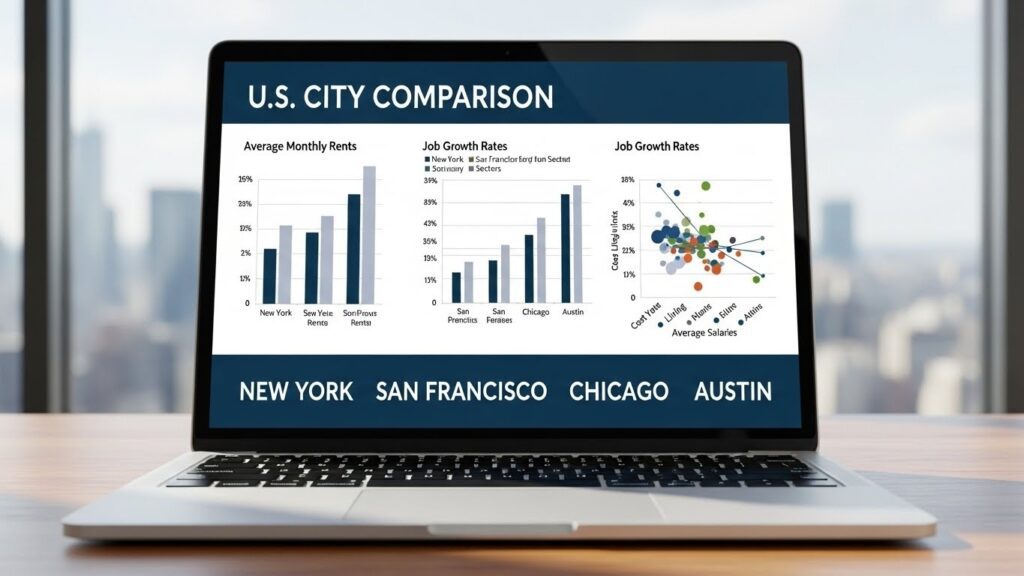 Cómo elegir la mejor ciudad de Estados Unidos según tu nacionalidad latina - "Ilustración realista de una computadora comparando ciudades de Estados Unidos para inmigrantes."