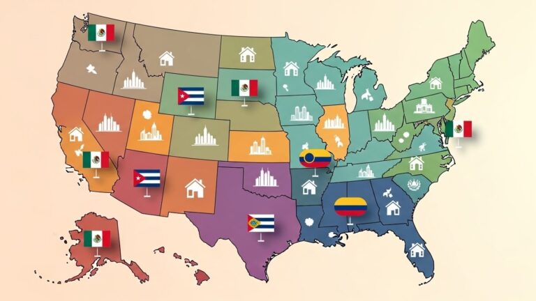 Cómo elegir la mejor ciudad de Estados Unidos según tu nacionalidad latina - "Ilustración del mapa de Estados Unidos con zonas recomendadas para latinos según su nacionalidad."