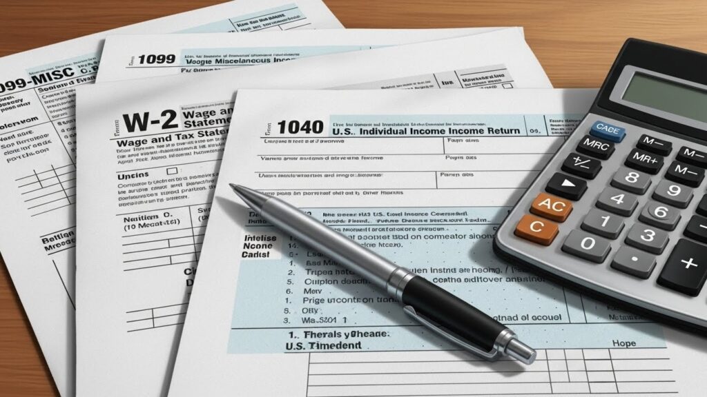 Cómo funciona el sistema de impuestos en Estados Unidos para inmigrantes - "Ilustración realista de formularios de impuestos comunes en Estados Unidos."
