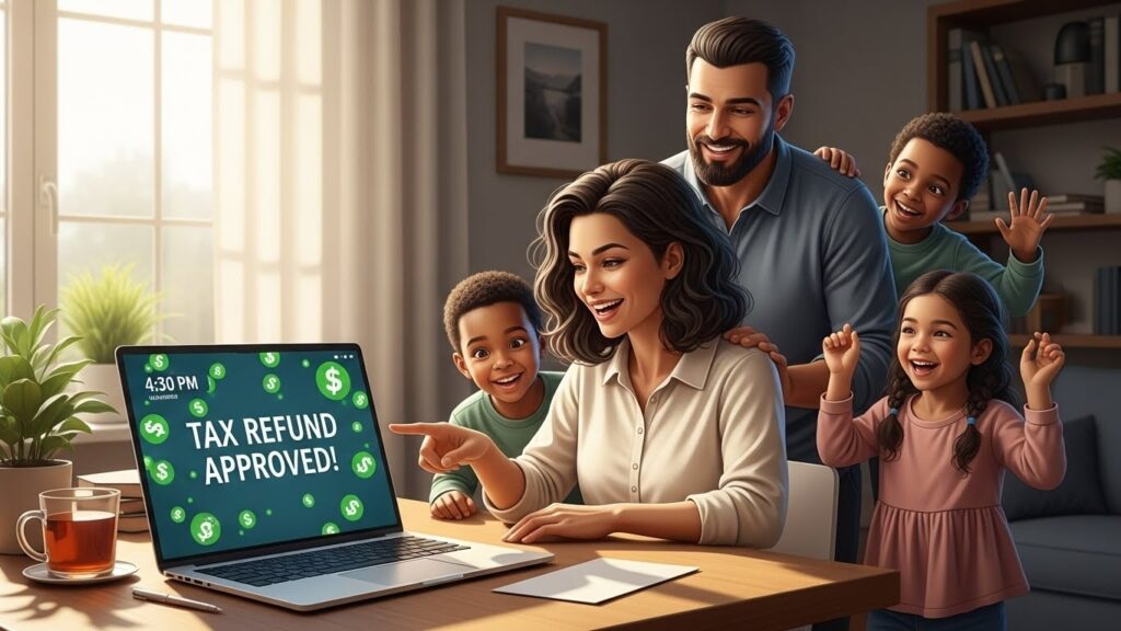 Cómo funciona el sistema de impuestos en Estados Unidos para inmigrantes - "Ilustración realista de un reembolso de impuestos aprobado en Estados Unidos."