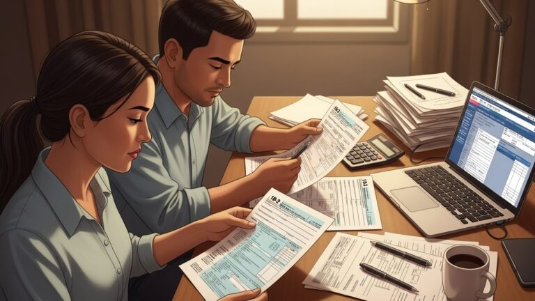 Cómo funciona el sistema de impuestos en Estados Unidos para inmigrantes - "Ilustración realista de inmigrantes revisando formularios de impuestos en Estados Unidos."