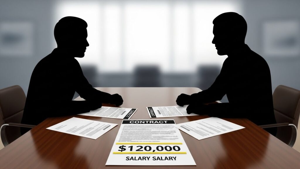 Cómo negociar tu salario en Estados Unidos aunque seas inmigrante - "Ilustración realista de una negociación salarial entre trabajador y empleador en una oficina."