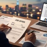 Cómo negociar tu salario en Estados Unidos aunque seas inmigrante - "Ilustración realista de un inmigrante revisando una oferta laboral en Estados Unidos con documentos y cifras salariales."