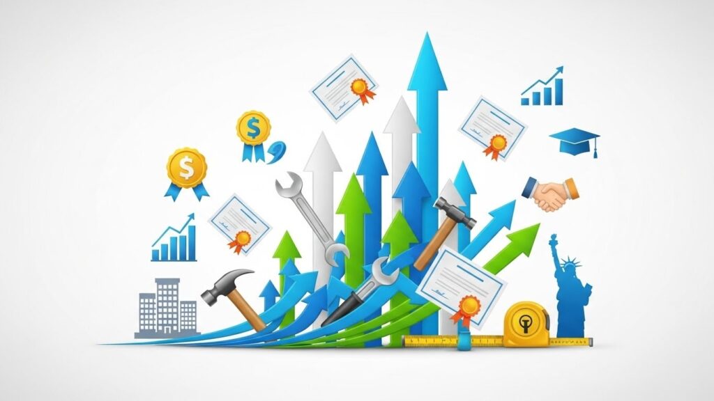 Cómo negociar tu salario en Estados Unidos aunque seas inmigrante - "Ilustración realista que simboliza el crecimiento profesional y aumento salarial de inmigrantes en Estados Unidos."