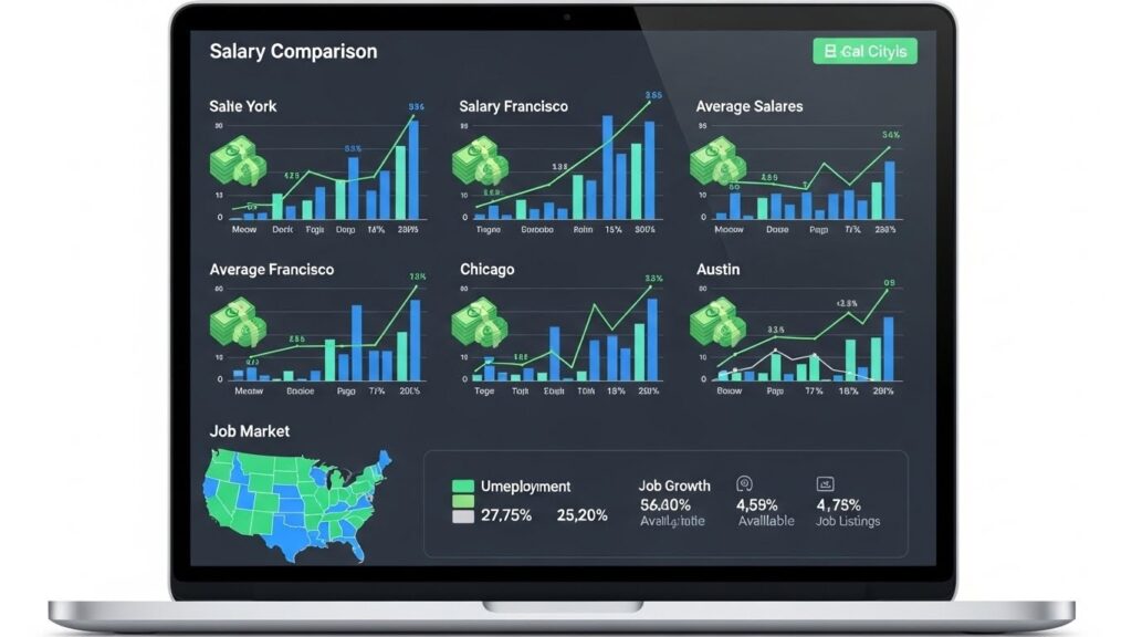 Cómo negociar tu salario en Estados Unidos aunque seas inmigrante - "Ilustración realista de una computadora mostrando comparaciones de salarios en Estados Unidos."