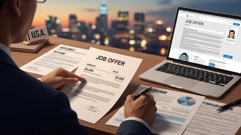 Cómo negociar tu salario en Estados Unidos aunque seas inmigrante - "Ilustración realista de un inmigrante revisando una oferta laboral en Estados Unidos con documentos y cifras salariales."