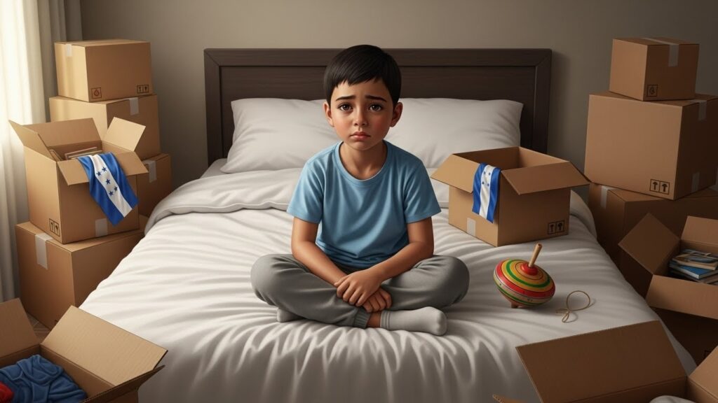 Cómo preparar a tus hijos para el cambio cultural al mudarte a Estados Unidos - “Ilustración de un niño latino sentado entre cajas de mudanza reflejando emociones del cambio cultural.”