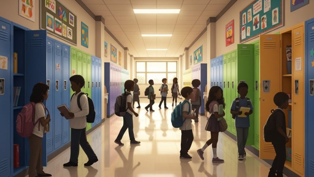 Cómo preparar a tus hijos para el cambio cultural al mudarte a Estados Unidos - “Ilustración realista de un pasillo escolar en Estados Unidos con estudiantes