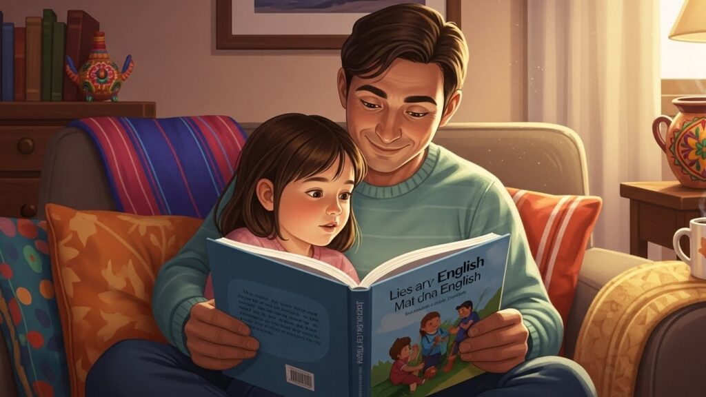 Cómo preparar a tus hijos para el cambio cultural al mudarte a Estados Unidos - “Ilustración realista de un padre leyendo un libro bilingüe a su hijo en un ambiente hogareño.”