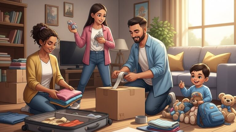 Cómo preparar a tus hijos para el cambio cultural al mudarte a Estados Unidos - “Ilustración realista de una familia latina preparándose para mudarse a Estados Unidos con maletas y mapa.”