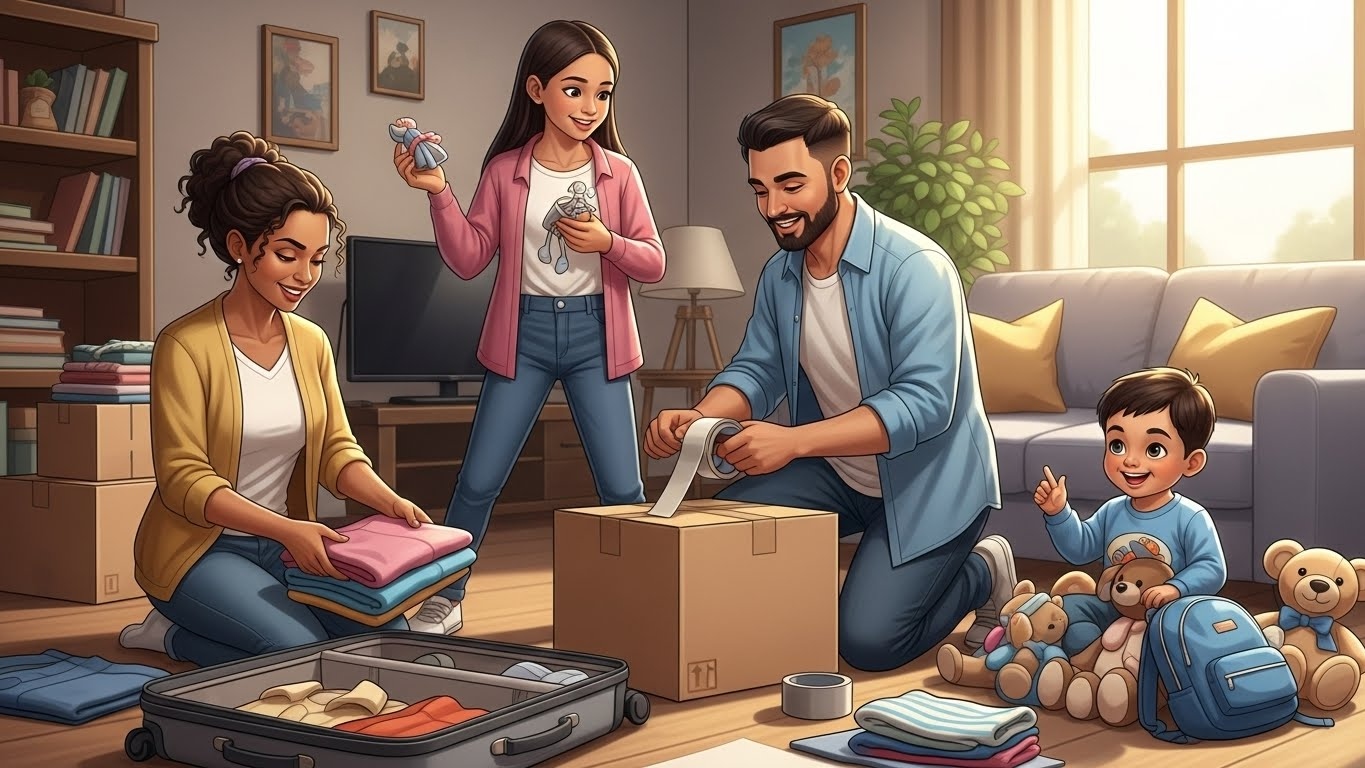 Cómo preparar a tus hijos para el cambio cultural al mudarte a Estados Unidos - “Ilustración realista de una familia latina preparándose para mudarse a Estados Unidos con maletas y mapa.”