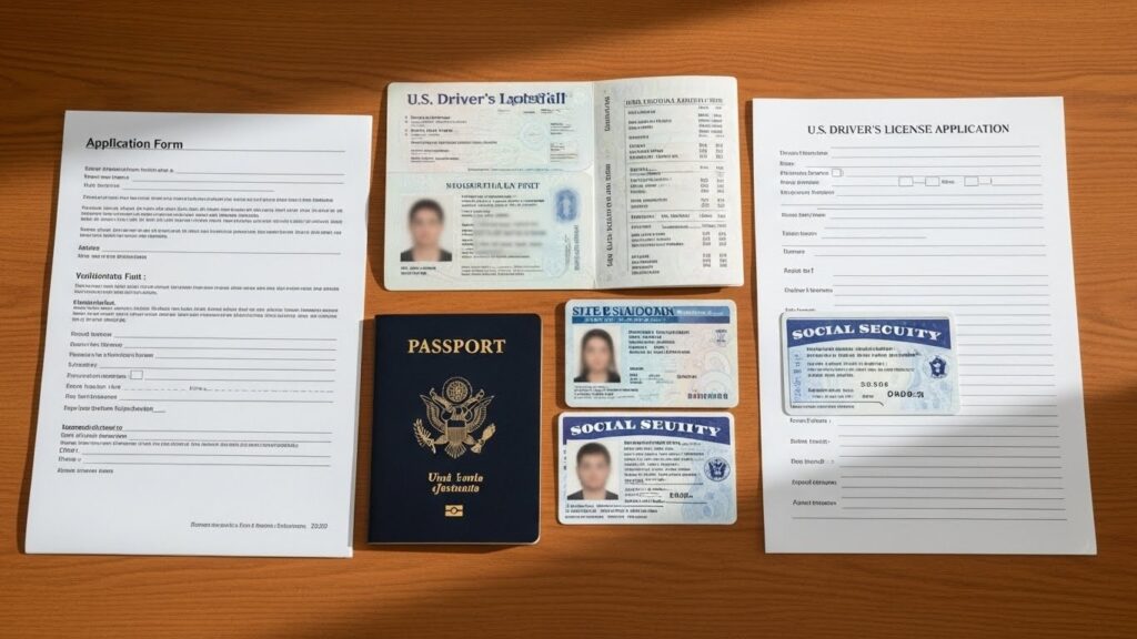 Cómo solicitar la Licencia de Conducir en Estados Unidos siendo inmigrante - Ilustración realista de documentos necesarios para solicitar la licencia de conducir en Estados Unidos."