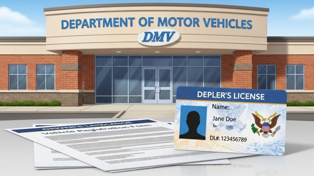 Cómo solicitar la Licencia de Conducir en Estados Unidos siendo inmigrante - "Ilustración realista de un edificio del DMV y una licencia de conducir estadounidense."