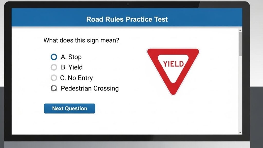 Cómo solicitar la Licencia de Conducir en Estados Unidos siendo inmigrante - "Ilustración realista de un examen teórico de tránsito en computadora."