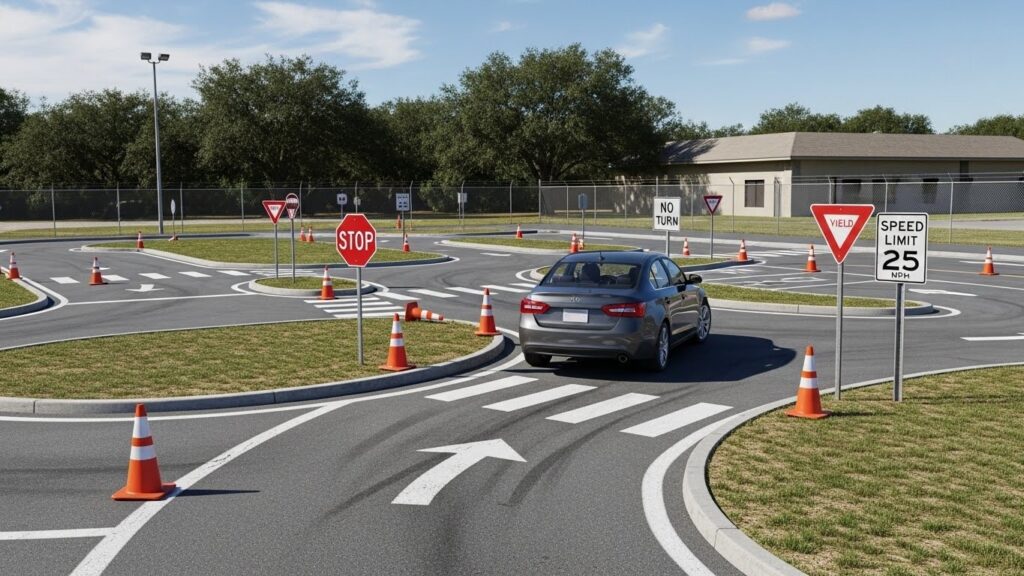 Cómo solicitar la Licencia de Conducir en Estados Unidos siendo inmigrante - "Ilustración realista de un auto haciendo el examen práctico en un circuito del DMV."