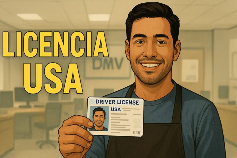 Cómo solicitar la Licencia de Conducir en Estados Unidos siendo inmigrante - "Ilustración realista de un edificio del DMV y una licencia de conducir estadounidense."