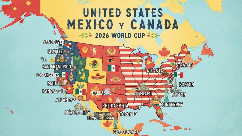 Cómo vivir el Mundial 2026 en Estados Unidos siendo Latino - “Mapa ilustrado de Estados Unidos mostrando las ciudades sede del Mundial 2026 con detalles culturales latinos, estilo semi-realista.”